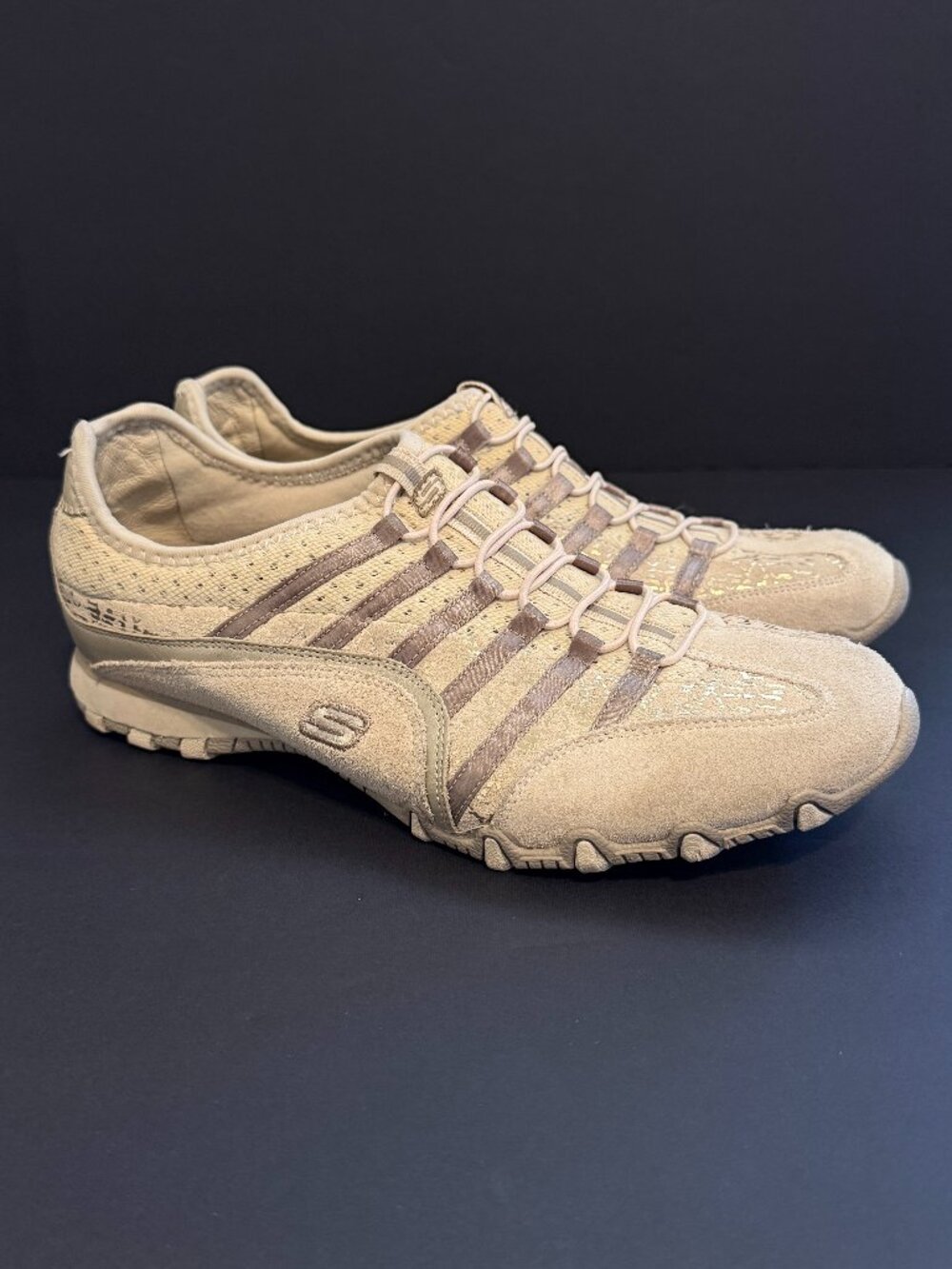 Skechers Mens Slip On Sneakers 10 Tan/Brown/Gold Accents Suede
